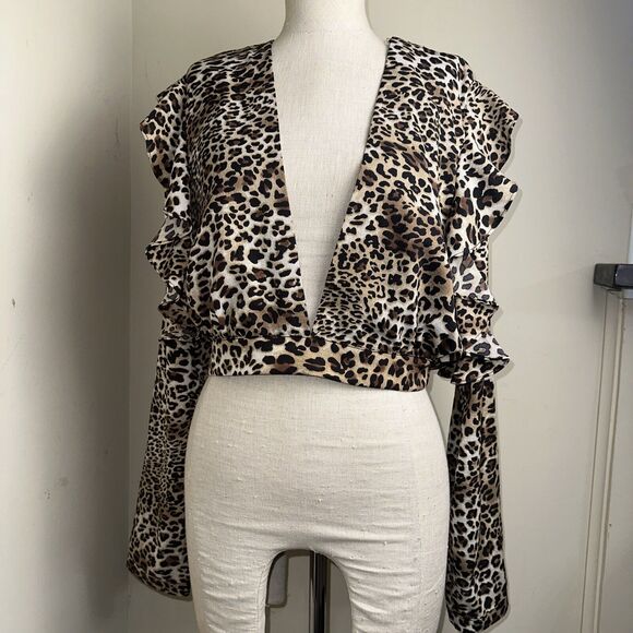 Glamorous Top Women’s Blouse Leopard Print Chiffon Ruffle Front Retro Sz 12 - Picture 1 of 7